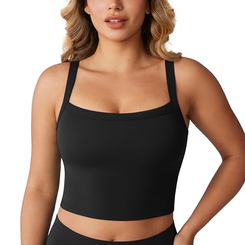 Hugcurve Adjustable Longline Sports Bra Square Neck Workout Tank Crop Tops for Women with Built in Bra Padded Camisole