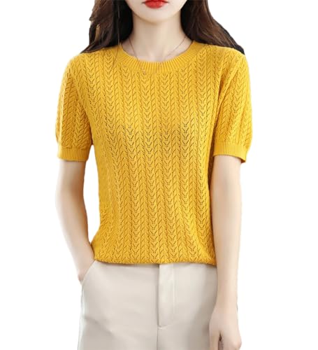 T-shirt manches courtes en maille ajourée et couleur unie pour l'été