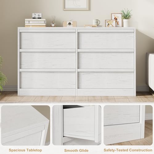 GarveeHome 6 Drawer Dresser for Bedroom, Antique White Double Dresser Organizer with Large Storage, Wooden Chest of Drawers for Living Room, Nursery, Hallway