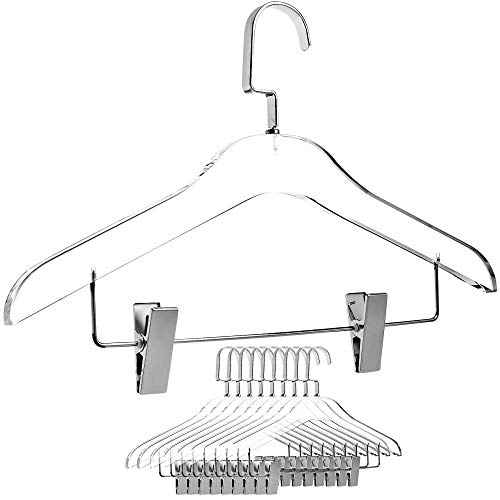 Designstyles Clear Acrylic Skirt Hangers - 10 Pk Stylish and Heavy Duty 0.5 Inch Thick Premium Quality Closet Clothing Organizer with Silver Chrome Plated Steel Hooks and Hanging Clips