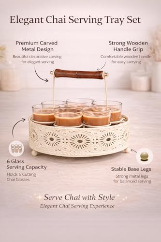 Image of Tapri Style Cutting Chai Glass Set of 6 with Heavy Metal Stand | Desi Cutting Tea Glasses for Home & Cafe | Premium Tapri Tea Cups for Kitchen, Office Pantry, Restaurants & Gifting