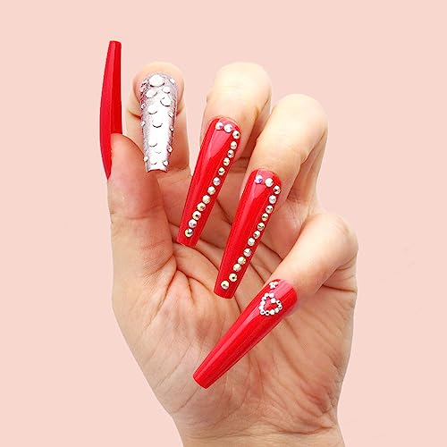 Sixdian Red Press On Nails Long With Glitter Diamond Design Bling Long Fake Nails With Nail Glue Stick On Nails Extra Long Xxxl Coffin Press On Nails With Heart Rhinestones Designs Acrylic False Nails For Women And Girls (Style 1) #TOP5