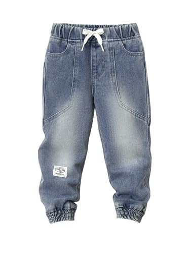 GORGLITTER Boy's Denim Jeans Pants Elastic Waist Letter Patched Jogger Pant with Pockets