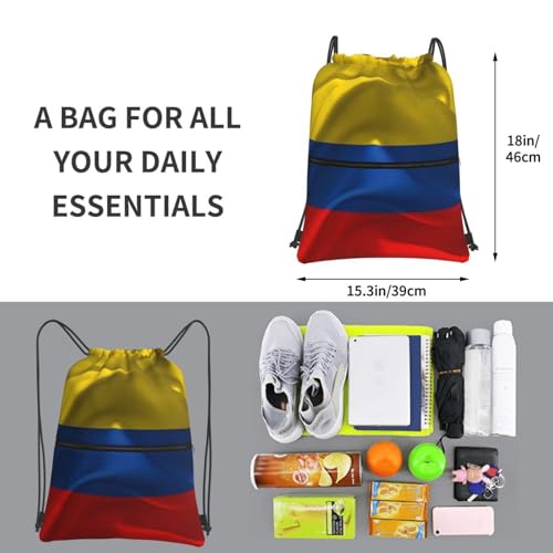 Flag of Colombia Drawstring Backpack, Large Size Storage Draw String Bag, Printed Sports Cinch Bags for Gym4