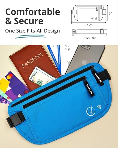 Image of Vantamo Money Belt with RFID For Men & Women, Hidden Passport Holder for Travel, 2 Compartment Travel Fanny Pack for Women Anti Theft