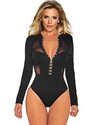 ohyeahlady Black Bodysuit for Women Plus Size Sheer Mesh Lace Leotard Long Sleeve