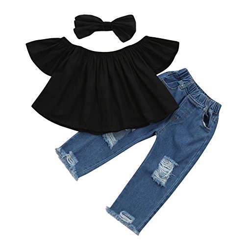 Moonker Kids Outfits,Toddler Baby Girls Off Shoulder Crop Tops Hole Denim Pant Jean Headband Clothes (Black, 3-4 Years Old)