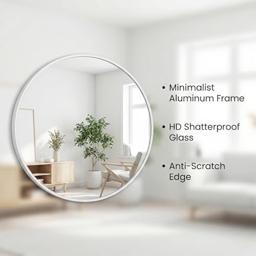 Image of HARRITPURE Round Mirror 24 inch White Wall Mounted Circle Mirrors Vanity Mirror with Brushed Aluminum Alloy Frame Modern Decoration for Bathroom, Living Room, Vanity, Bedroom, Entryway