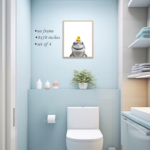 Image of Boat Wades Funny Bathroom Shark Wall Art Prints Set of 4, Coastal Beach Bathroom Decor, Ocean Shark Animal Posters Pictures Wall Decor for Bath Room Washroom Restroom Toilet, 8x10 Unframed