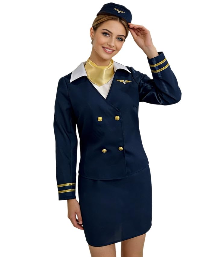HPO Women’s Air Hostess Costume – Elegant Navy Blue Uniform Dress with Hat, Skirt, Jacket, Neck Collar, Flight Attendant Outfit for Halloween, Roleplay & Themed Events - Small