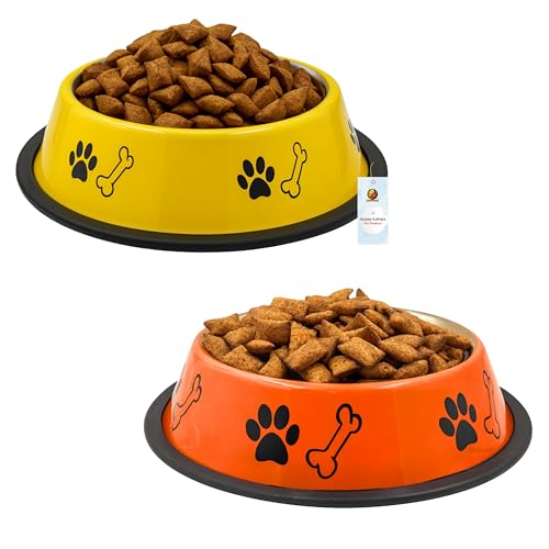 Image of Foodie Puppies Stainless Steel Dog Bowl Combo - (Medium, 700ml) Food and Water Feeding Gift Bowl | Suitable for Dogs, Cats and Other Pets I Paw Bone Print, Anti-Skid Rubber Base (Yellow + Orange)