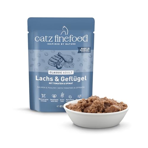 catz finefood N° 5 Lachs & Geflügel Feinkost Katzenfutter nass, verfeinert mit Spinat & Tomate, 6 x 400g Dosen