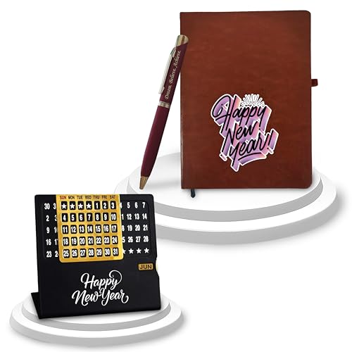 Image of Savri New Year Hamper - Pen with 'Dream. Believe. Achieve.' Quote Engraved, Diary & Infinity Calendar with 'Happy New Year' Engraved -Premium for Professionals, Employees, Corporate, Men & Women (Brown)