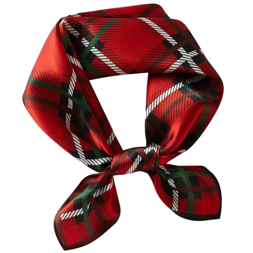 WUZININGLE 100% Mulberry Silk Neck Scarf - 21x21 Square Silk Scarf for Women - Red Plaid