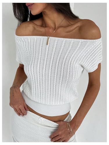 WDIRARA Women's Off Shoulder Textured Short Sleeve Fitted Waist Knitted Top2