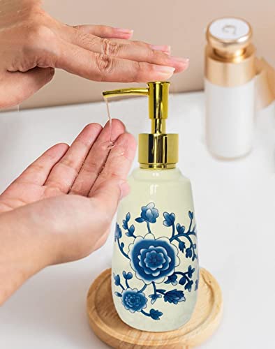 Vintage Ceramic Soap Dispenser For Bathroom Kitchen,Simple Painted Blue Flower Plant White Porcelain Hotel Home Decor,Empty Bottle Liquid Soap Dish Hand With Quick Press Pump #TOP7