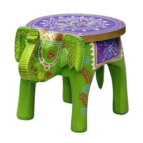 Image of Hand-Crafted and Colorful Emboss Painted Wooden Elephant Shape Stool Cum Gardan Table,Decorative Showpiece (8 Inches Height, Green)