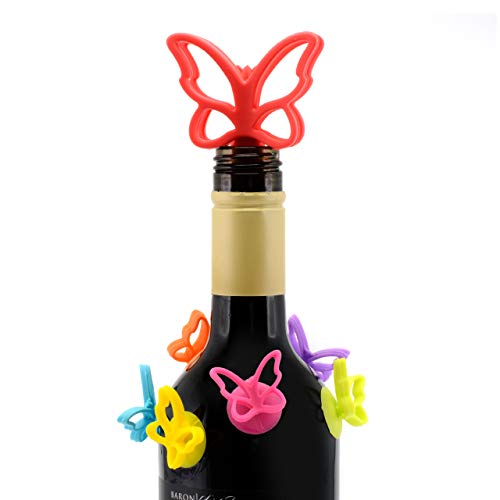 Bar Amigos Papillon Butterfly Bouchon de vin Boisson Verre à vin Marqueurs Ensemble Unique Inclus 1 célibataire Bouchon de vin en Silicone | Ensemble de 6 Multi Coloré Marqueurs de Verre Cover