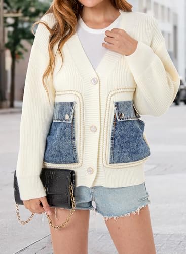 HOULENGS Women's Casual Open Front Patchwork Cardigan Sweaters Button Down V Neck Knit Sweater Jacket with Denim Pockets4