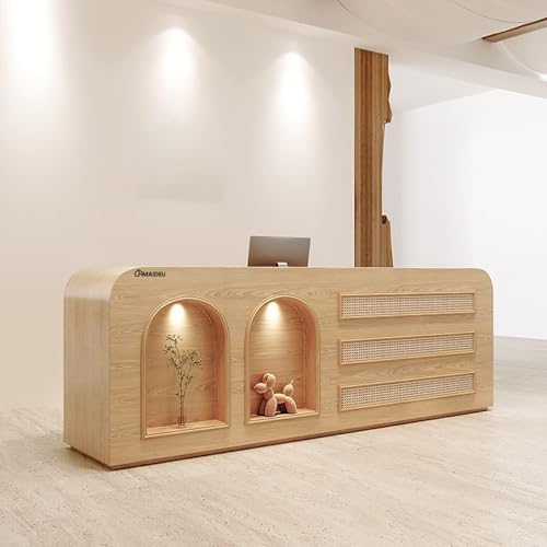 Modern Reception Desk with Storage Cabinet, Lockable Drawer, Double Tabletop – E1 Grade MDF Front Desk for Office, Salon, Retail & Reception Areas(Wood Color,L71 xW24 xH39)