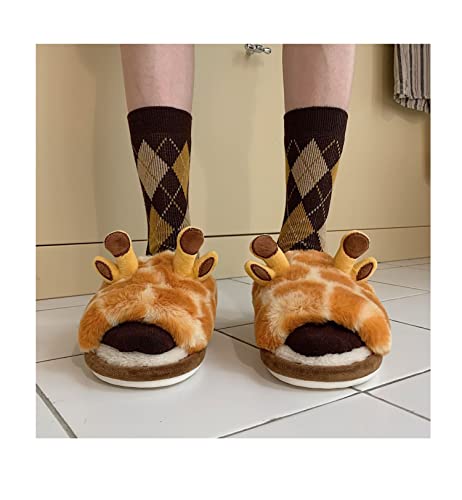 Fuzzy Slippers Women Kawaii Plush Furry Slip on House Slippers Cute Cotton Giraffe Winter Warm Slippers3