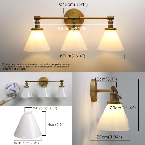 Image of Vintage Industrial 3-Light Bathroom Vanity Light with Milk Glass lampshade - Antique Brass Wall Sconce for Over Mirror, E26 Socket, Dimmable Compatible, Hardwired Installation