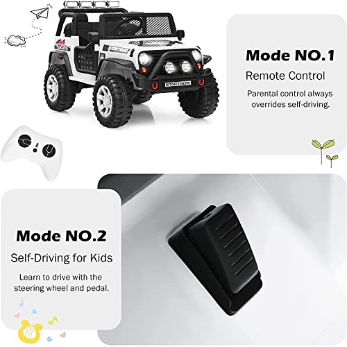 Costzon 2-Seater Ride On Truck, 12V Battery Powered Electric Vehicle W/Remote Control, 2 Speeds, Spring Suspension, Led Light, Horn, Music/ Mp3, 2 Doors Open, Ride On Car For Kids (White) #TOP1