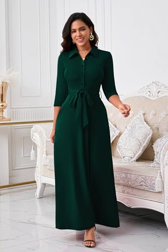 Image of Runwind Women Church Maxi Dresses 3 /4 Sleeve Button Down Print Casual Office Dress African