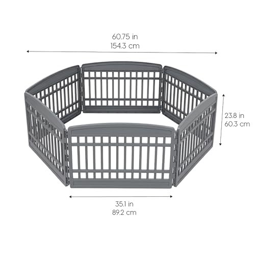 Image of IRIS USA 24 inch Dog Playpen 6-Panel Pet Exercise Pen with Door Gate 61x61x24 Puppy Play Pen Indoor Outdoor Plastic Heavy Duty Foldable Portable Pet Fence for Small Medium Dogs Puppies Multiple Pets Gray