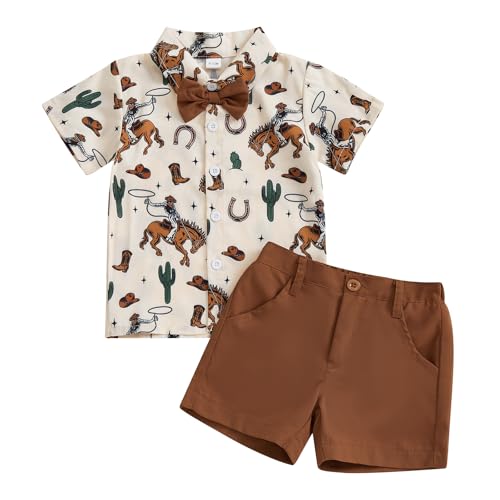 Toddler Baby Boy Western Outfits Horse Print Short Sleeve Button Up Shirts and Shorts Set 2Pcs Summer Clothes Sets