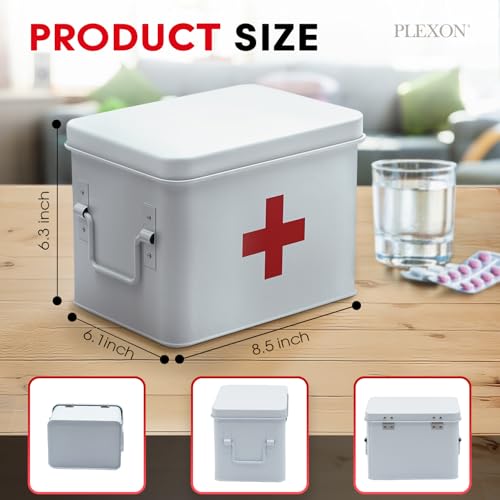 Image of Plexon 8.5 inch Metal First Aid Box Empty, Medicine Storage Bin with Lid, Emergency Supplies Organizer, Portable First Aid Kit Case, White