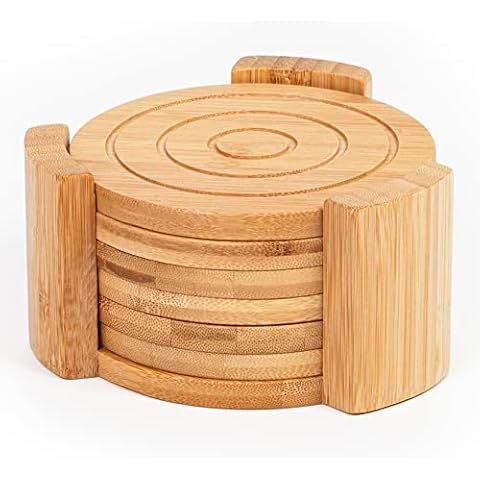 Woodluv Set of 6 Round Coasters with Holder Cover