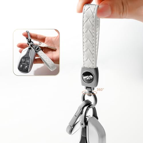 Image of Gkeygo Carabiner Keychain, Universal Heavy Duty Woven Handmade Leather Key Chain, Car Fob Key Keychains with 360 Degree Rotatable Snap Swivel and Anti-Lost D-Ring for Men and Women, Gunmetal - White