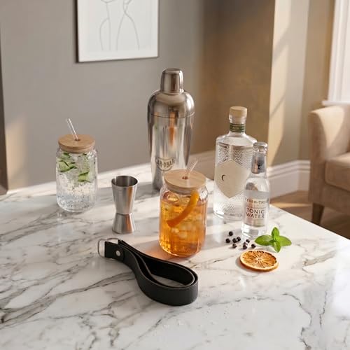 Image of Car-O-Bar Silver Bar Set with Glasses Gift Set | 5 Pieces Bartender Kit: Cocktail Shaker, Jigger, Ice Tong, Set of 2 Cocktail Sippers