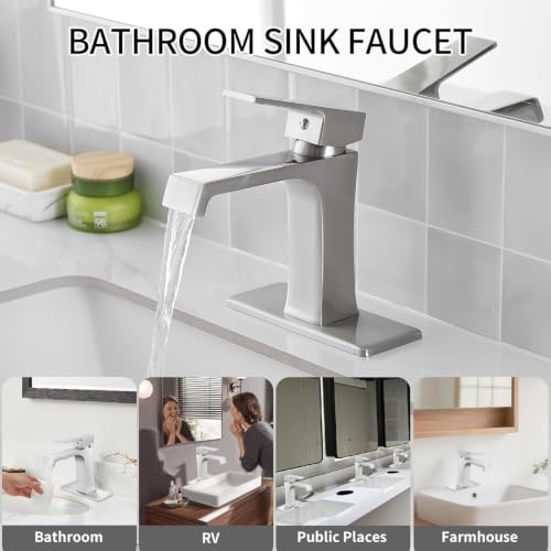 YEUALUQAN Waterfall Bathroom Faucet Chrome Bathroom Sink Faucet, Modern Single Hole Bathroom Faucet, Single Handle RV Sink Vanity Faucet—Includes Pop-Up Drain, Suitable for 1-Hole or 3-Hole - image 4