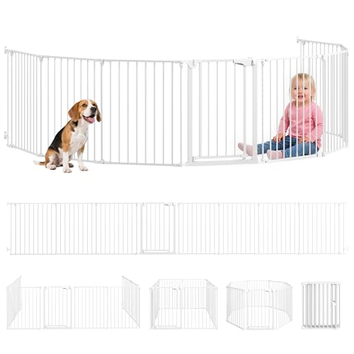 PawHut Recinto per Cani, Cancelletto Sicurezza 488cm per Bambini e Cani Media/Piccola, 8 Pannelli Modulabili, Barriera Pieghevole, Doppia Chiusura di Sicurezza, Apertura Una Mano, per Camino, Bianco
