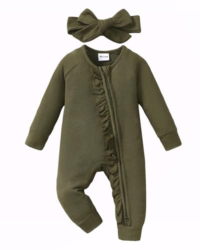 Image of Mikrdoo Newborn Infant Baby Girl Clothes Fall Winter Outfits Long Sleeve Zipper Rompers with Headband