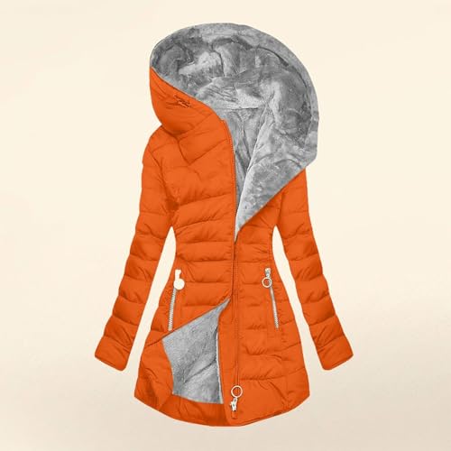 Wintermantel Damen Wolle, Wintermantel Damen Lang Warmer Gefüttert Winterjacke Fleece Daunenjacke Winddicht Outdoorjacke Große Größen Damenmantel Winter Mantel Bequeme Parkajacke Orange, XXL