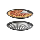 BHFBHFBH Perforated Pizza Pan, 2-Pack Oven Ready Pizza Tray, Carbon Steel Perforated Pizza Pan, Non-Stick Round Pizza Baking Pan for Frozen and Homemade Pizza Home Kitchen Restaurant - 11 Inch, Black