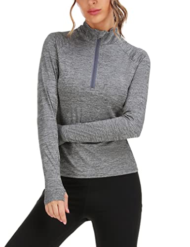 Terecey Camiseta Deportiva de Manga Larga para Mujer, Sudadera de Half Zip Secado Rápido con Agujeros para los Pulgares para Fitness Running Yoga(B-Gris,XL) Cover