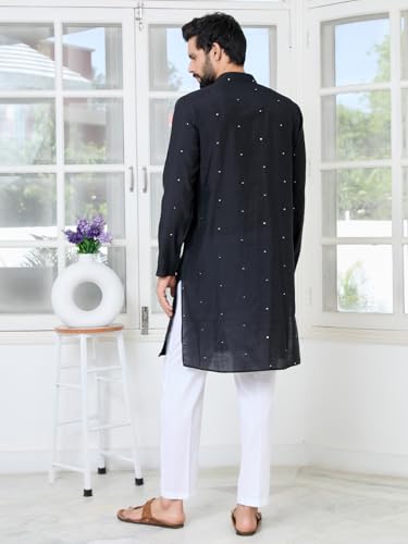 Image of See Designs Men's Full Sleeve Mandarin Collar Sequins Embroidered Chanderi Straight Long Kurta with Yoke Design - Festive Collection