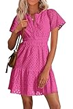 PRETTYGARDEN Womens 2025 Summer Short Dress V Neck Short Sleeve A Line Hollow Out Lace Ruffle Cute Casual Beach Party Dresses (Rose Red,X-Large)