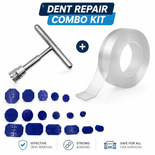 Image of Car Dent Puller Kit with T-Bar Slide Hammer & 18 Tabs - Paintless Dent Removal Tool | DIY Dent Repair Kit for Cars, Bike, Fridge, Metal Surfaces