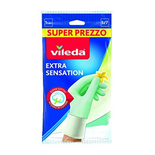 Vileda Extra Sensation guanti in lattice con rivestimento interno in cotone massima sensibilità al tatto adatto per i lavori domestici più delicati vestibilità aderentetremisureS-M-Lconfezione da 1 pz