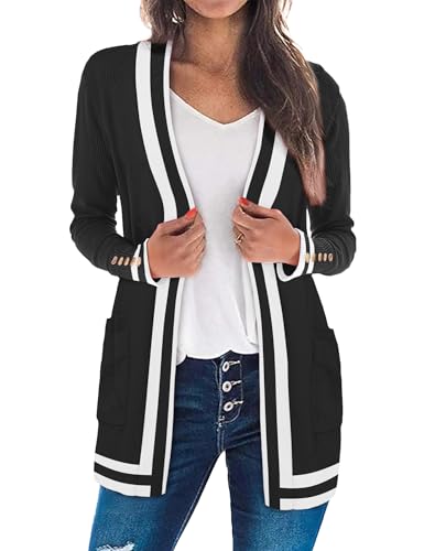 LOMON Light Weight Sweaters Color Block Cardigan for Women with Pockets