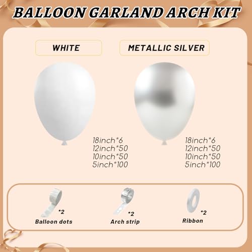 Image of 412Pcs White and Silver Balloons Arch Kit, 18 12 10 5 Inch White Metallic Silver Latex Balloon for Wedding Bridal Shower Engagement Anniversary Birthday Party Decorations