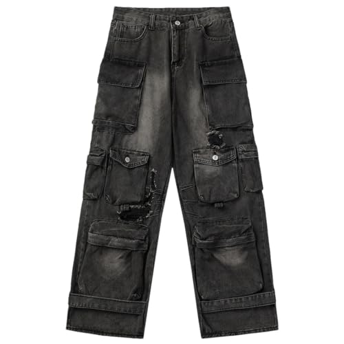 Men's Y2K Vintage Baggy Jeans Multi Pocket Ripped Loose Straight Denim Pants Streetwear Harajuku Hip Hop Jeans Trousers