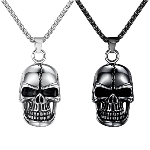 Kawailay Lot de 2 colliers en forme de crâne rétro avec pendentif en forme de crâne gothique rock punk hip hop chaîne rappeur motard collier pour homme - argent et noir