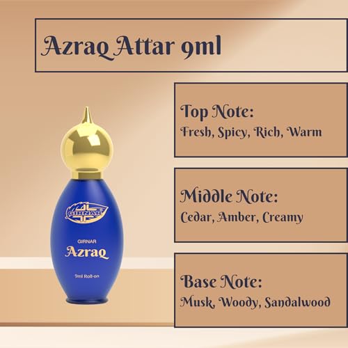 Image of Girnar Azraq Attar 9ml | Non-Alcoholic Premium Concentrated Perfume | Fresh, Spicy, Warm, Cedar, Amber & Sandalwood Scent