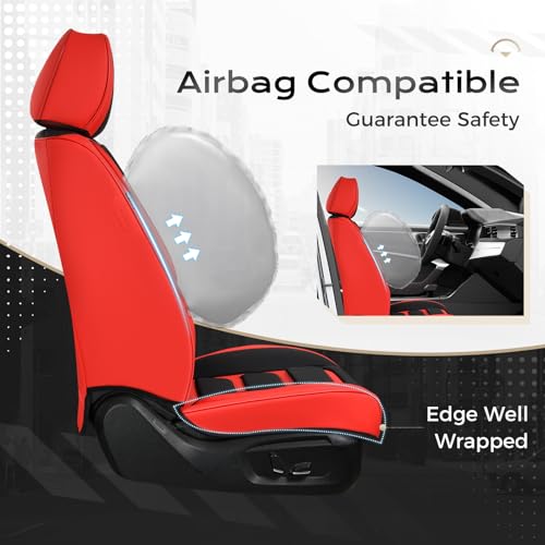 Image of Coverado Car Seat Covers Full Set, Seat Covers for Cars, Front Seat Covers and Back Seat Cover Waterproof Leather Automotive Seat Cover, Universal Car Interior Protectors Cushion for Most Cars Red